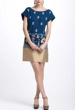Floreat Anthropologie Teal Embroidered Bird Mini Dress with Gold Hem